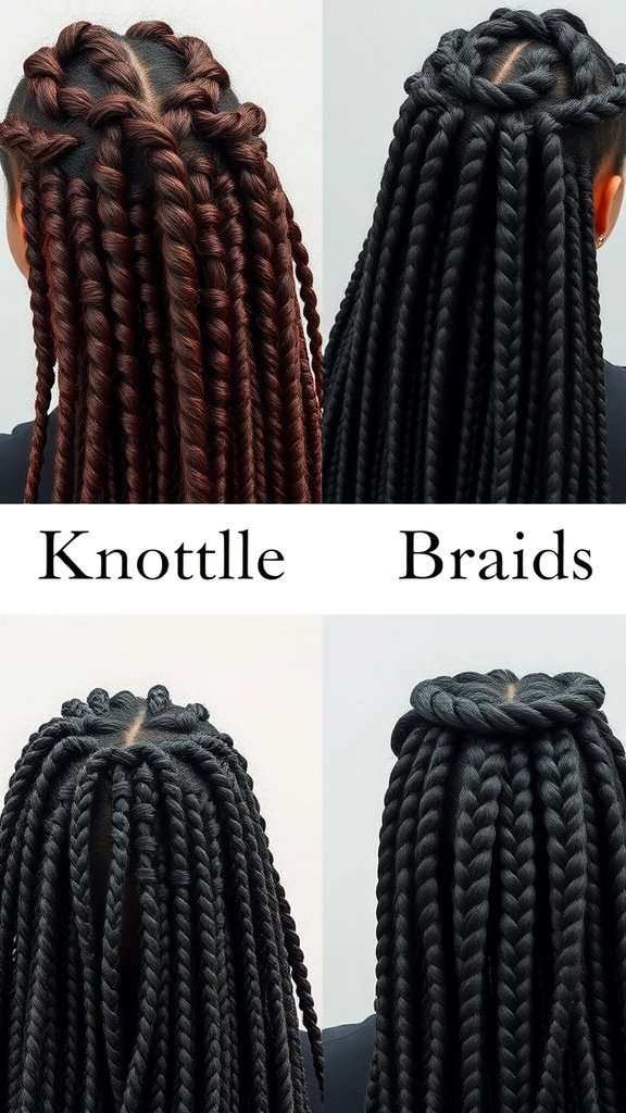 Image showcasing two styles of knotless braids in brown and black colors.