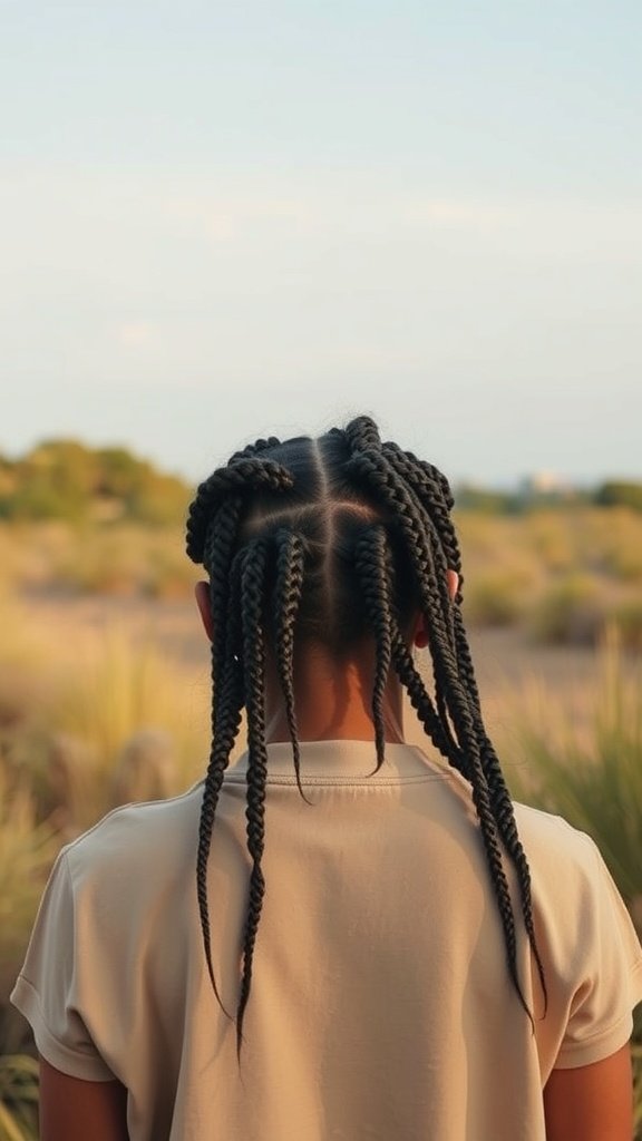 A person with small knotless braids, viewed from the back, in a natural outdoor setting.