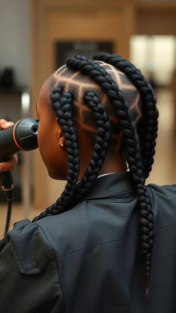 A close-up of a person with knotless braids, showing intricate patterns on the scalp and the use of a heat styling tool.