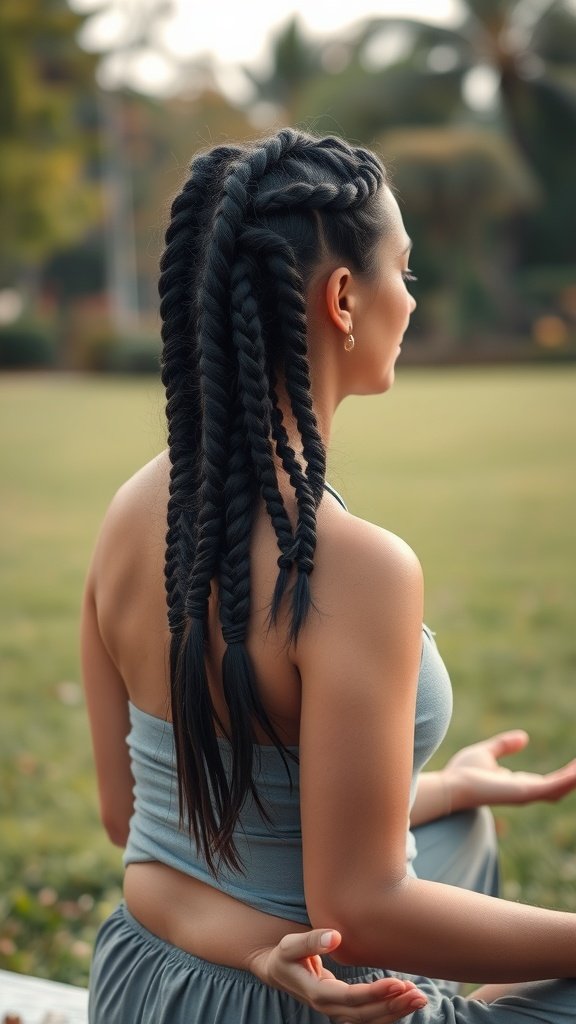 A woman with long knotless braids meditating outdoors.