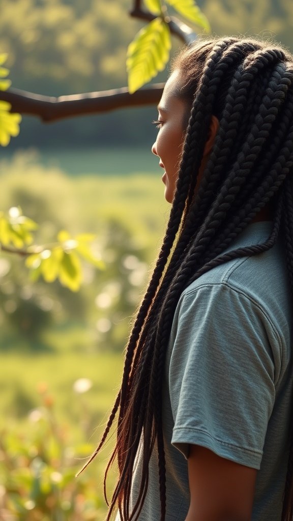 A woman with large boho knotless braids standing outdoors, enjoying nature.
