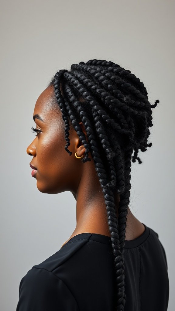A woman showcasing knotless braids with curly ends, highlighting a stylish and protective hairstyle.