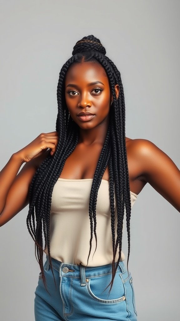 A woman showcasing Small Boho Goddess Knotless Braids, exuding confidence and style.