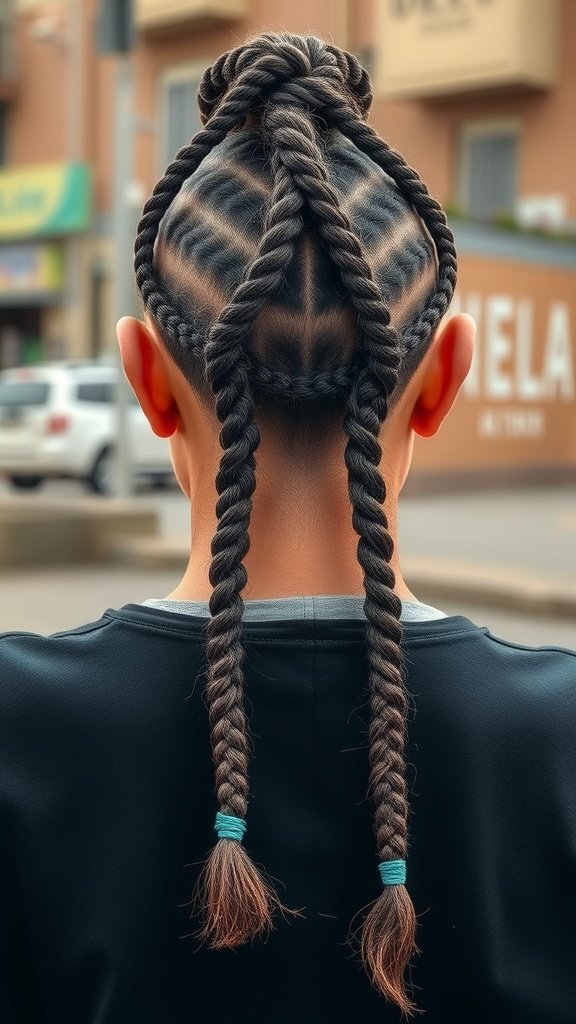 A person with intricate knotless braids styled in a unique pattern.