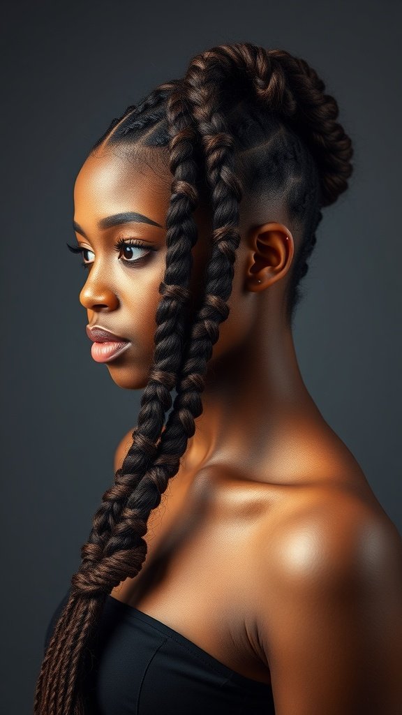 A woman showcasing medium boho knotless braids styled elegantly.