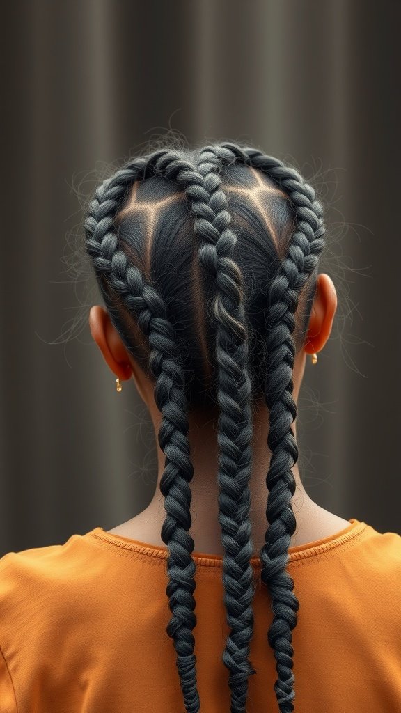 A back view of a person with short boho knotless braids, showcasing intricate patterns and a stylish look.