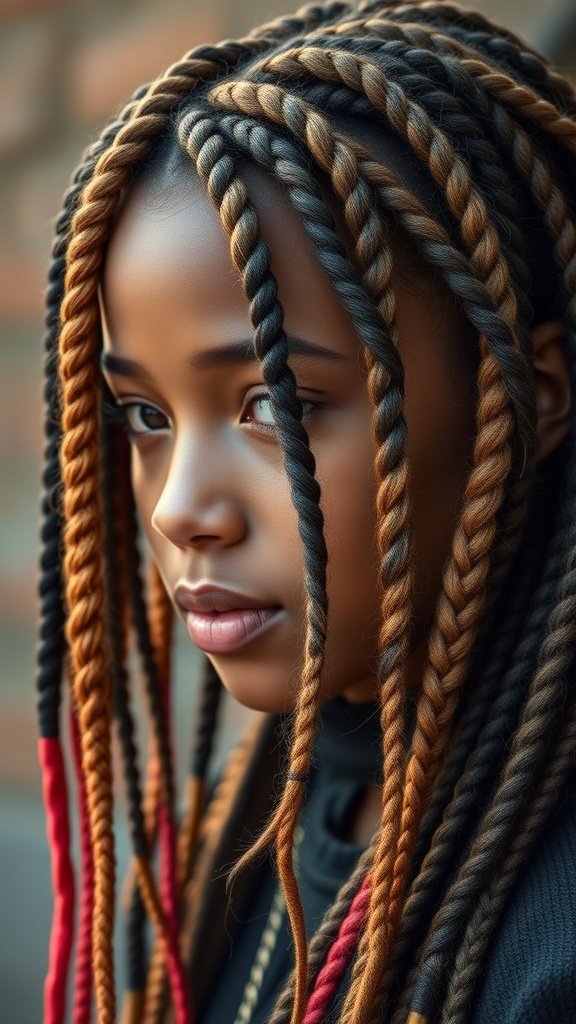 A close-up of a person with colorful knotless braids in a bob style, showcasing a blend of black, blonde, and red hues.