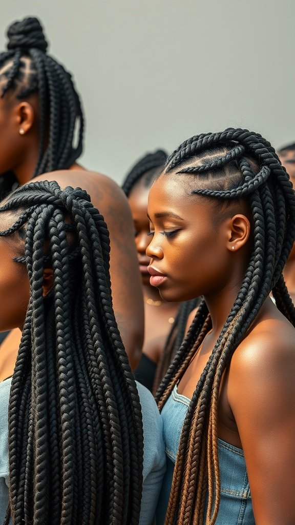 A group of individuals with beautiful brown knotless braids, showcasing different styles and lengths.