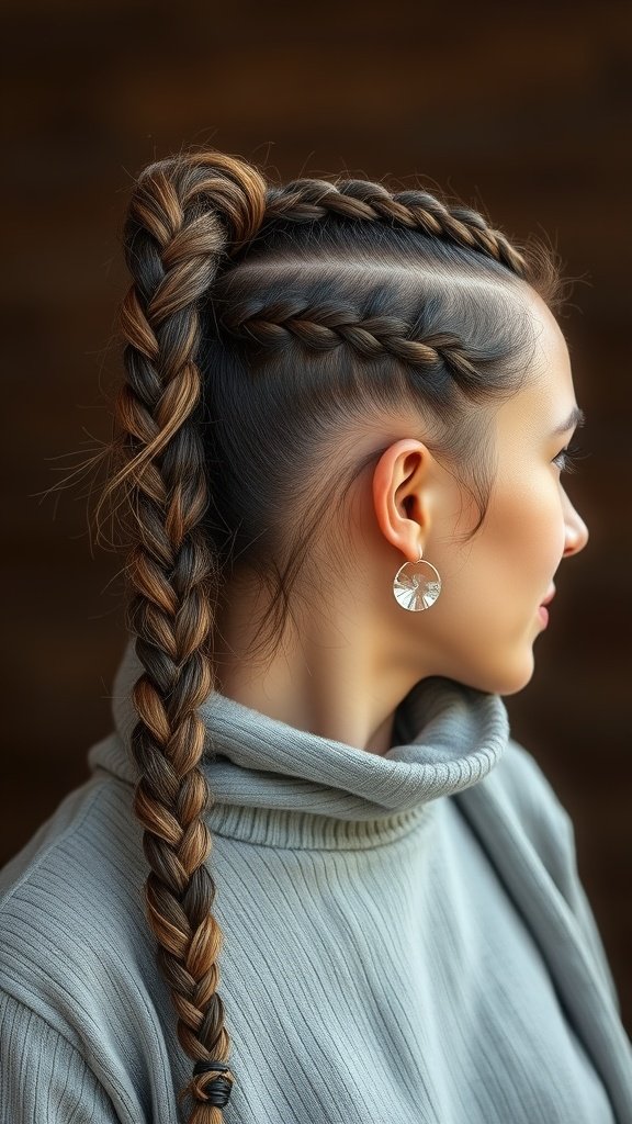 A woman with stylish knotless braids in a high ponytail, showcasing a blend of colors and textures.