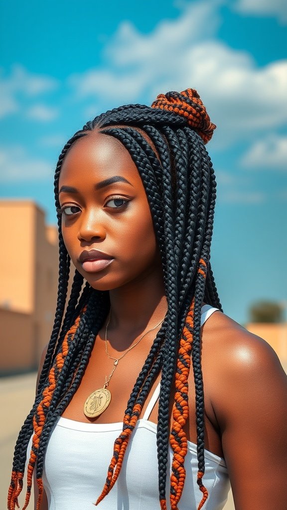 A woman with knotless braids featuring curly ends, showcasing a blend of black and orange colors.