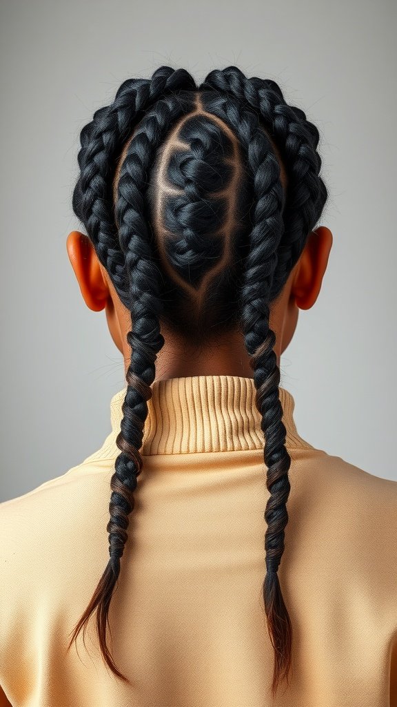 A person with two neat knotless braids styled in a creative pattern.