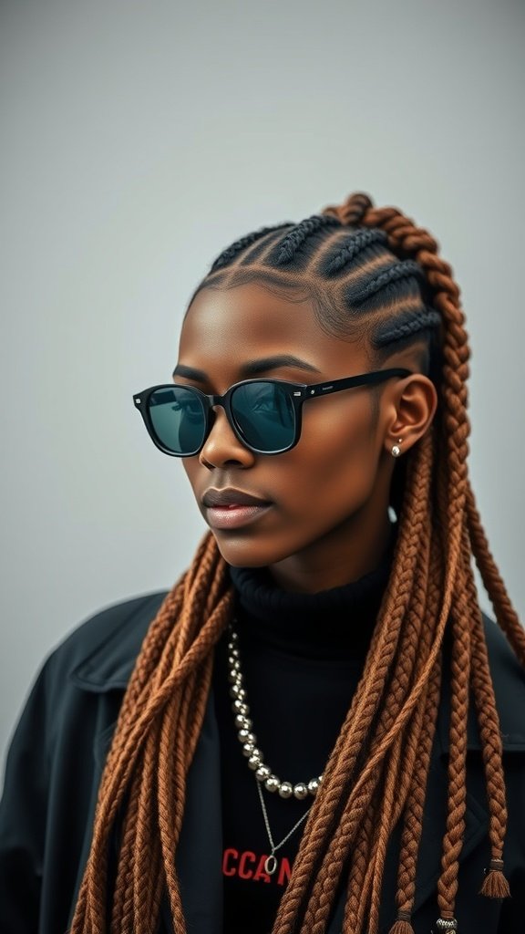 A stylish individual with honey brown knotless braids, wearing sunglasses and a chic outfit.