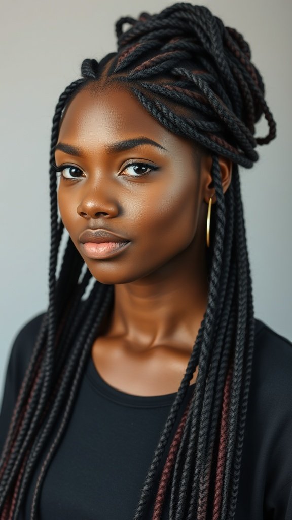 A close-up of a woman with long knotless braids styled elegantly.