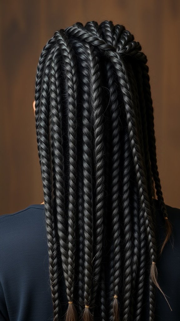 A close-up view of small boho knotless braids styled elegantly.
