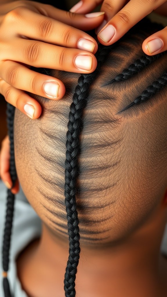 Close-up of a scalp being prepared for knotless braids, showcasing neat sections and hands working on the hair.
