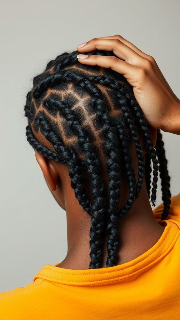 Close-up of a person's scalp with knotless braids, showcasing neat braiding technique.