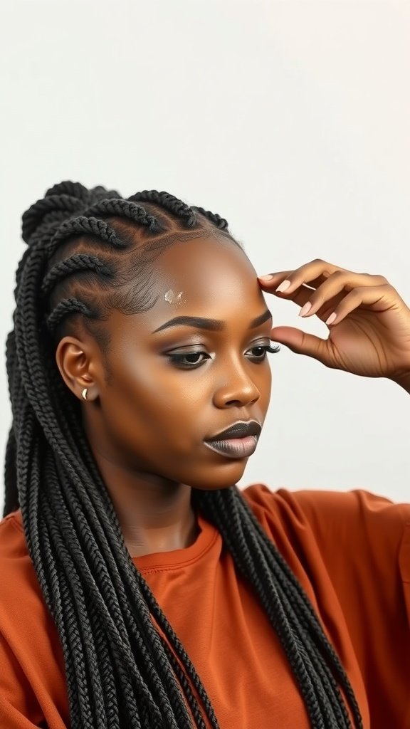 A woman with long knotless braids, showcasing a stylish and protective hairstyle.