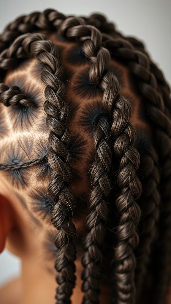 Close-up of brown knotless braids showcasing a neat and stylish hairstyle.