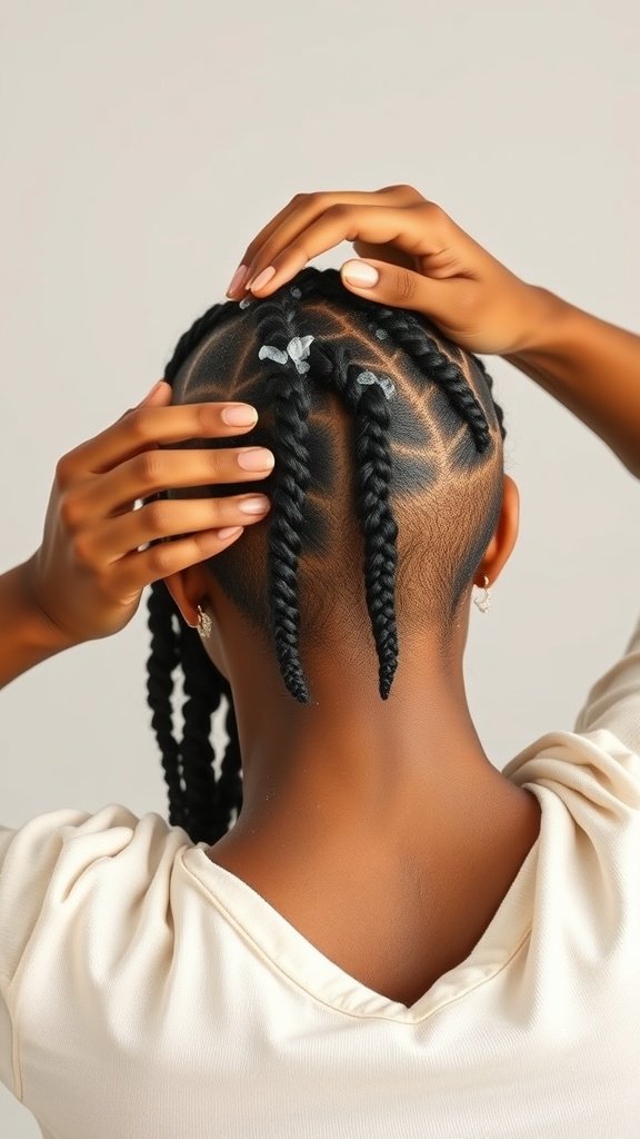 Close-up of a person's scalp with knotless braids, showing intricate patterns and neatness.