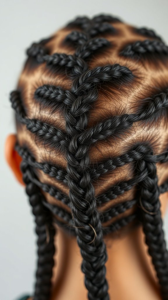 Close-up of a person's scalp with intricate knotless braids styled in a bob.