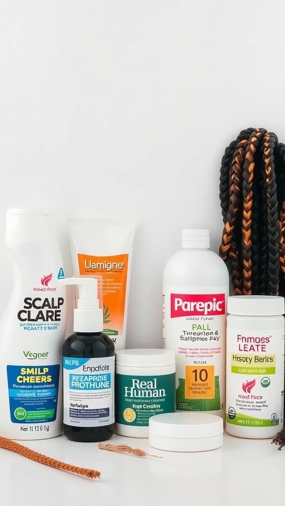 A collection of scalp care products next to xs knotless braids.