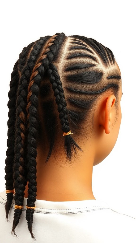 A close-up view of a person's back head showcasing intricate knotless braids with a mix of colors.