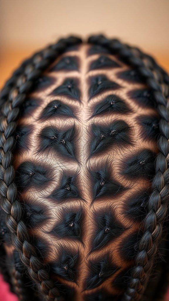 Close-up view of a scalp with medium knotless braids in an intricate parting pattern.