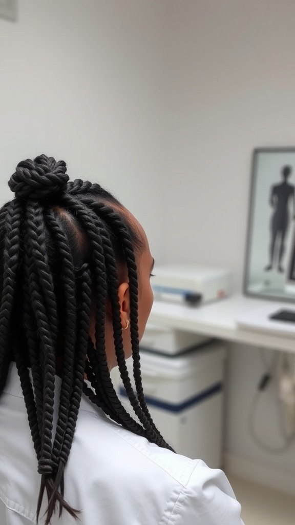 A person with knotless braids styled in a bun, showcasing a chic and protective hairstyle.