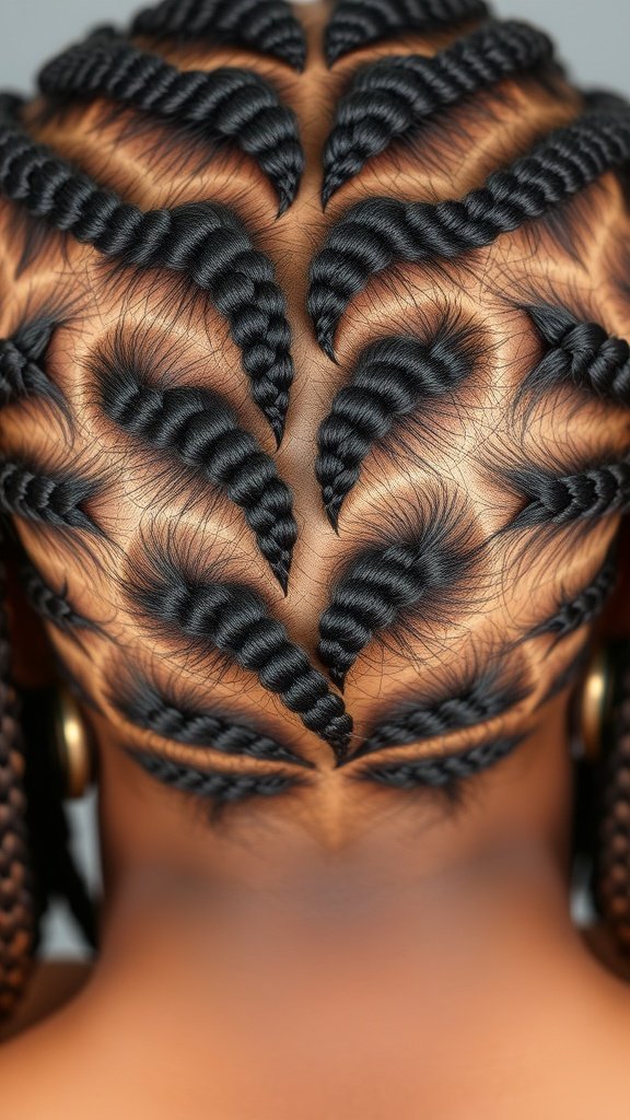 A close-up view of intricate knotless braids with curly ends, showcasing a stylish and healthy scalp.
