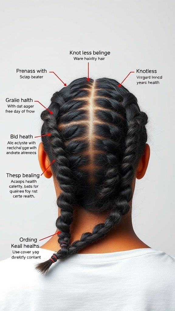 A close-up view of xs knotless braids on a person's head, highlighting the scalp and braid technique.