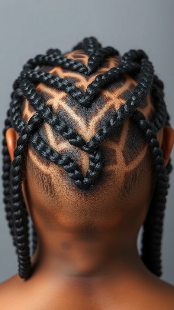 A close-up view of a unique knotless braid hairstyle featuring intricate patterns on the scalp.