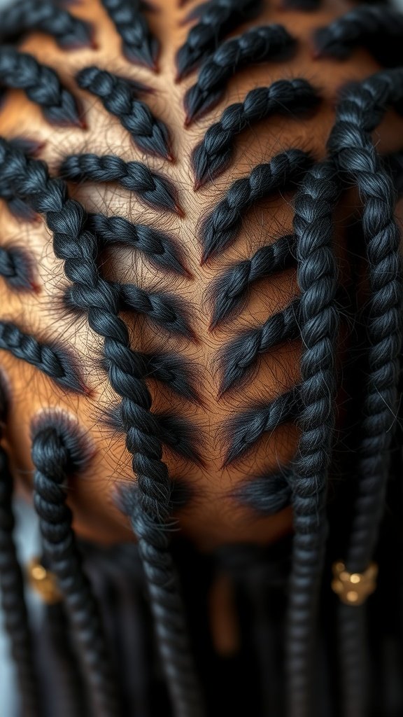 Close-up of knotless braids on a scalp, showcasing intricate patterns and healthy hair.