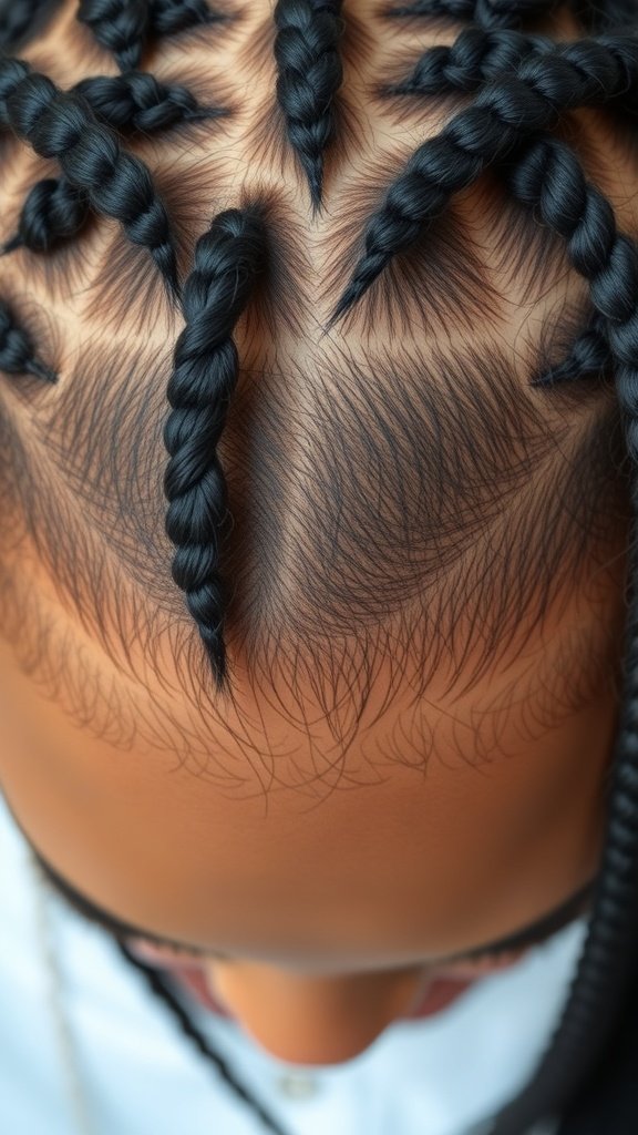 Close-up of a scalp with neatly styled knotless braids.