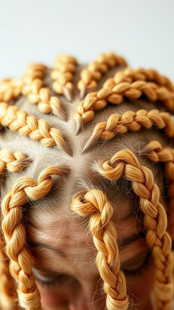 Close-up of honey blonde knotless braids on a scalp