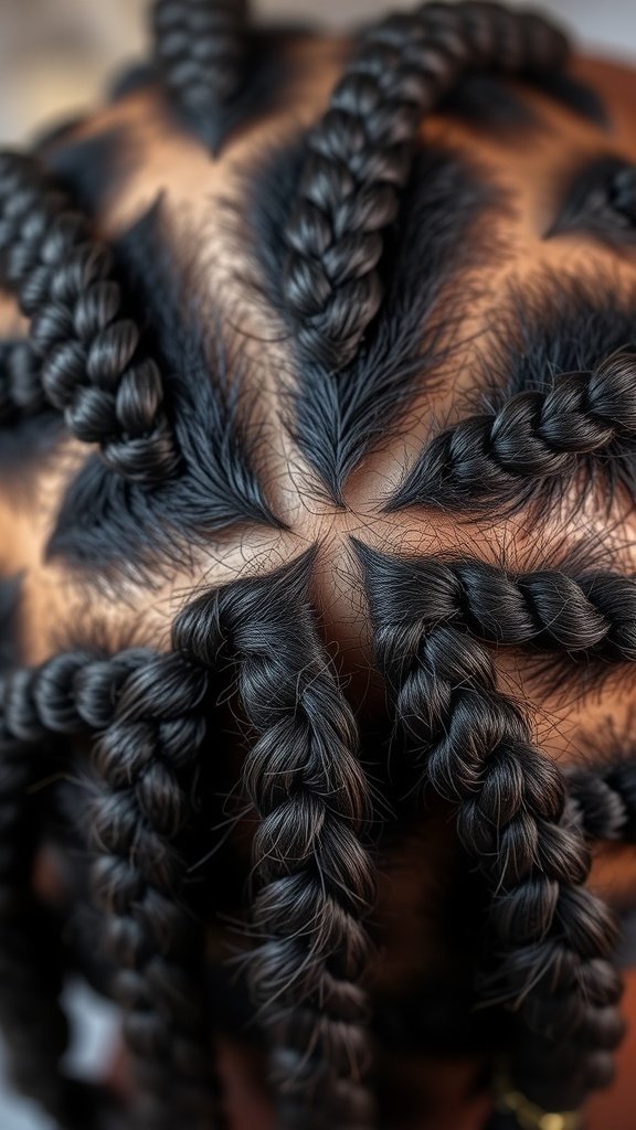 A close-up view of a scalp with beautifully styled knotless braids.
