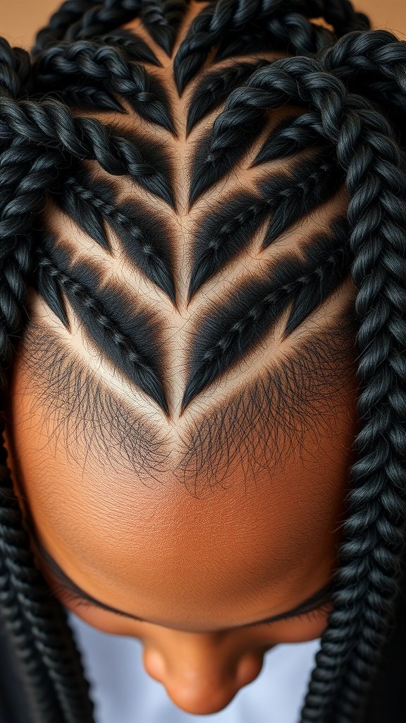 Close-up of a scalp with large knotless braids showcasing intricate parting patterns.