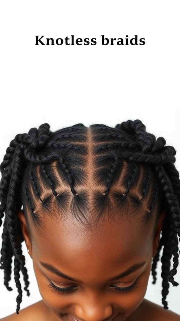 A close-up of knotless braids showcasing a neat parting and healthy scalp.