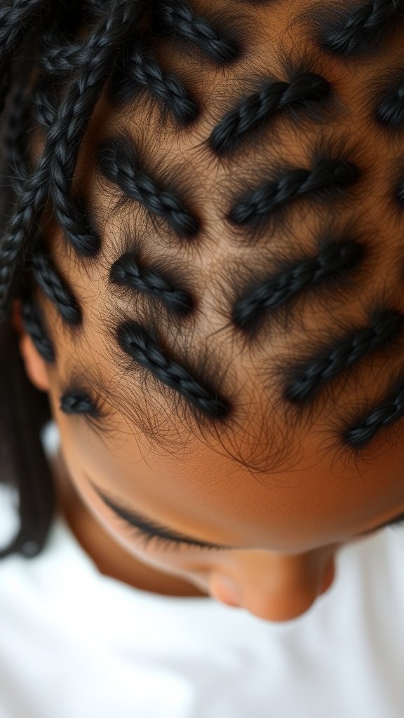 Close-up of knotless braids showing neatness and scalp health