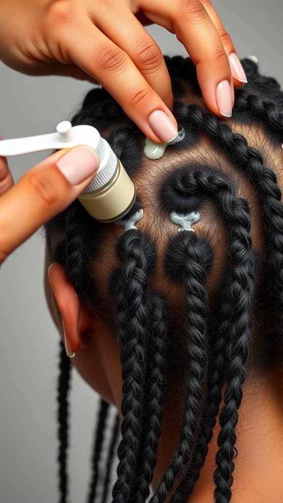 Close-up of small knotless braids being moisturized at the scalp.