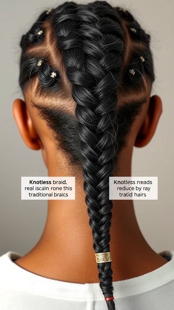 Image of medium knotless braids showcasing a sleek style with decorative elements.