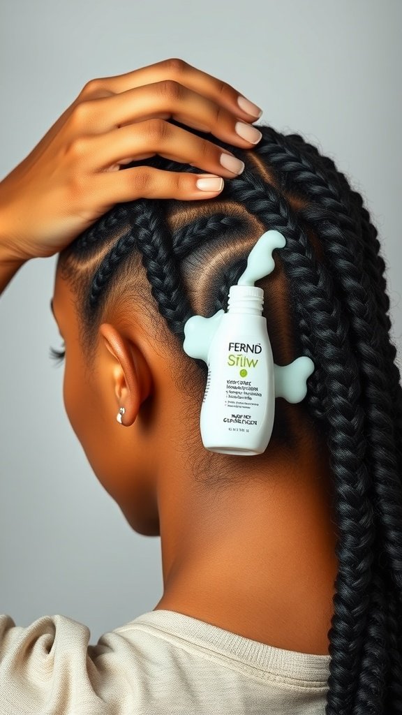 A close-up of a woman's hand holding a scalp treatment product, showcasing her short bohemian knotless braids.