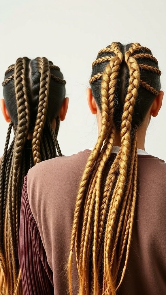 Two women showcasing short bohemian knotless braids in different colors.