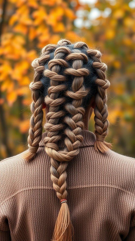 A person with brown knotless braids styled in an intricate pattern, set against an autumn background.