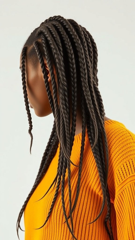 A person with long knotless braids wearing an orange sweater.