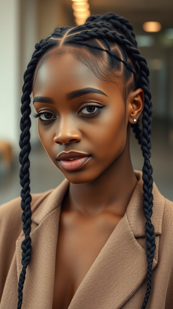 A woman with long knotless braids, wearing a stylish outfit, showcasing a modern braided hairstyle.