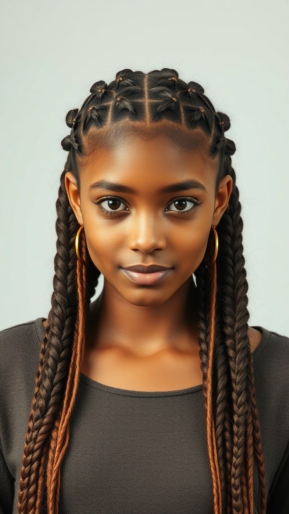 A close-up of a person with knotless braids featuring curly ends, showcasing a blend of colors and a stylish look.