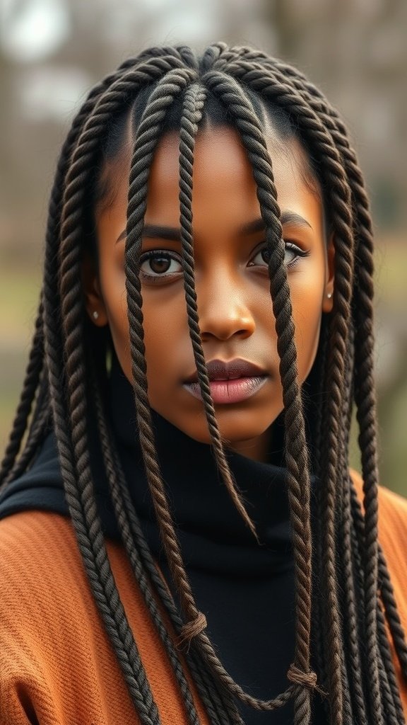 A close-up of a person with knotless braids featuring curly ends, showcasing a stylish hairstyle.