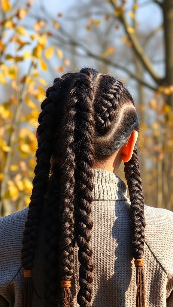 A woman with intricate knotless braids styled in a boho fashion, set against a backdrop of autumn leaves.