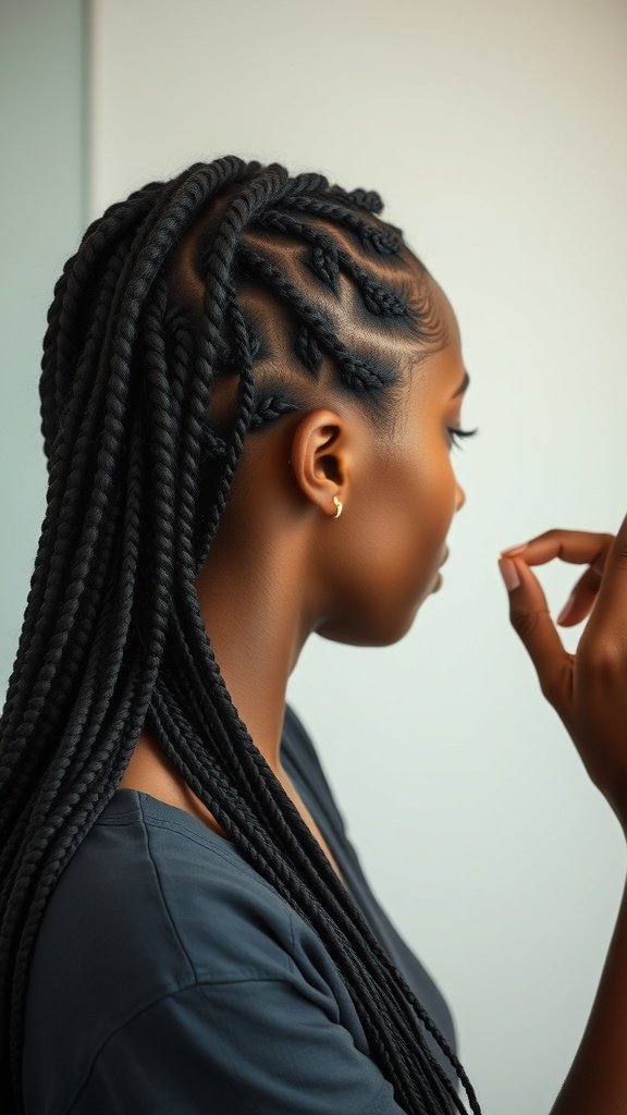 A woman with medium long knotless braids, showcasing a stylish and protective hairstyle.