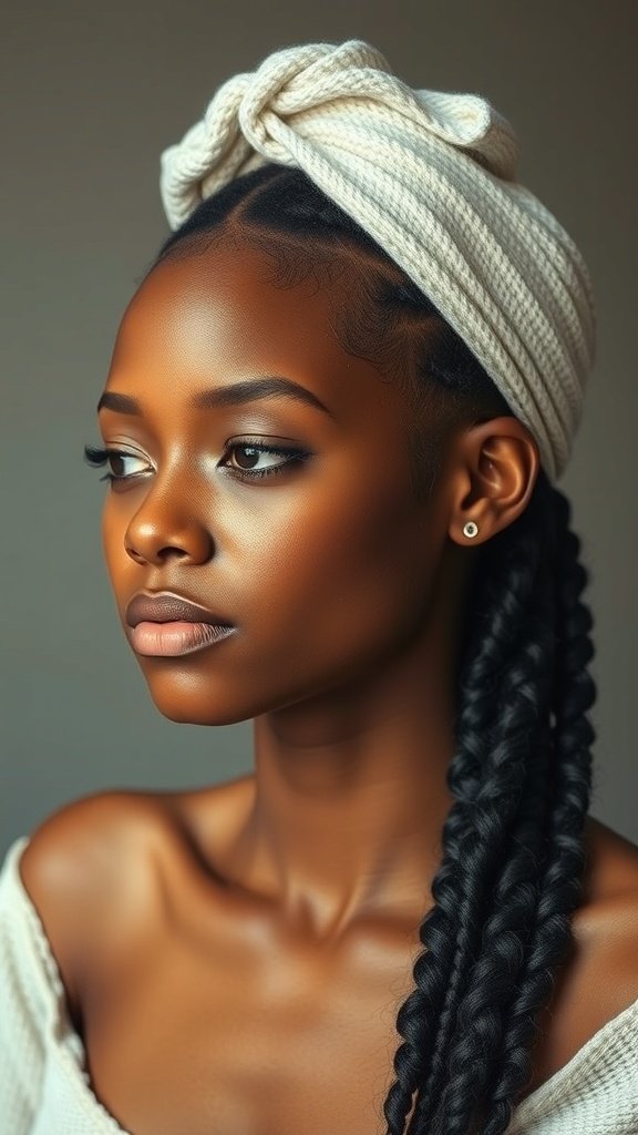 A young woman with knotless braids and a stylish head wrap, showcasing her natural beauty.